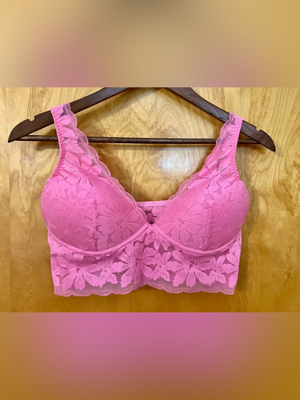 NEW PINK Victoria’s Secret Lace Longline Wireless Bralette Bra, Large, Pink